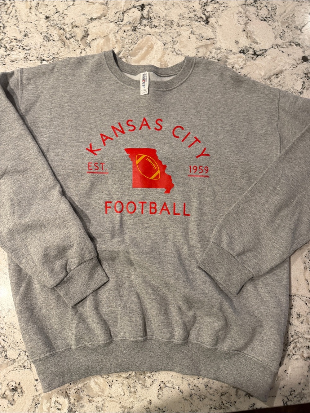 Jerzees Gray Crewneck Sweatshirt with Red Kansas City Football Graphic